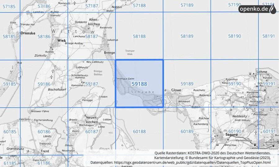 Übersichtskarte des KOSTRA-DWD-2020-Rasterfeldes Nr. 59188