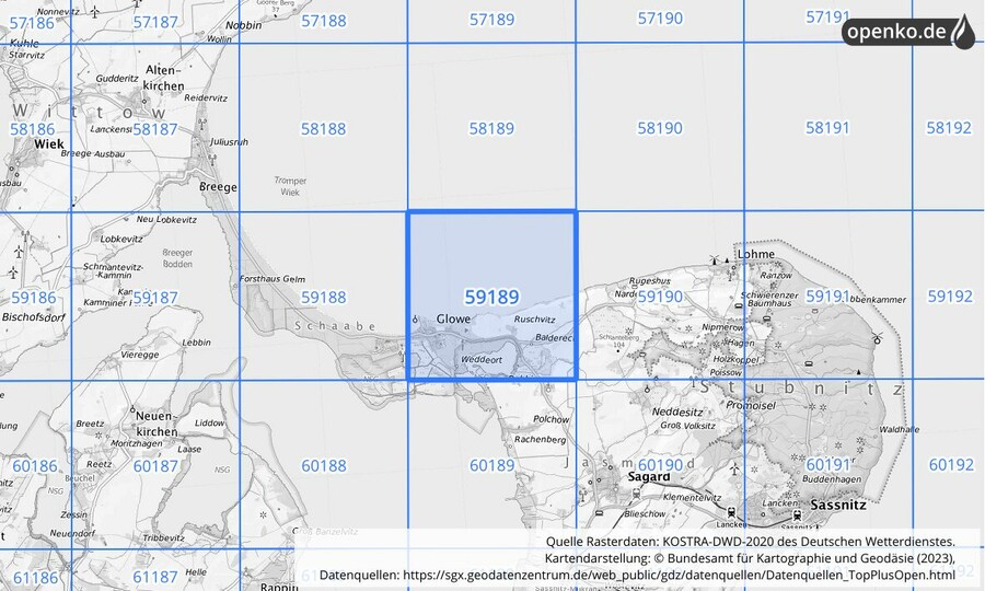 Übersichtskarte des KOSTRA-DWD-2020-Rasterfeldes Nr. 59189