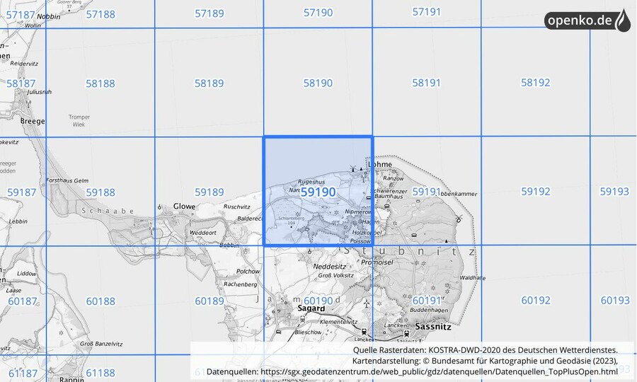 Übersichtskarte des KOSTRA-DWD-2020-Rasterfeldes Nr. 59190