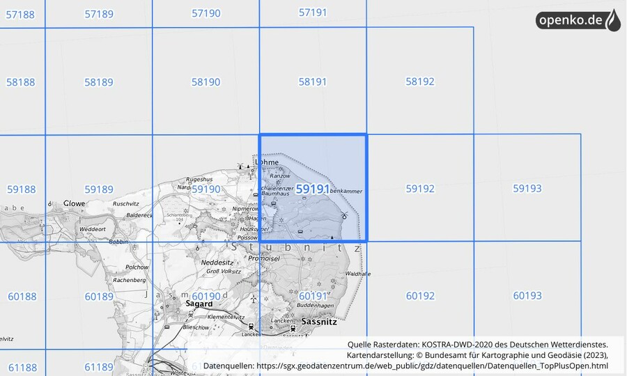 Übersichtskarte des KOSTRA-DWD-2020-Rasterfeldes Nr. 59191