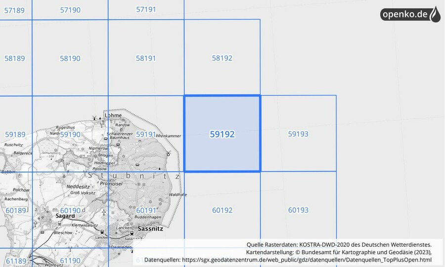 Übersichtskarte des KOSTRA-DWD-2020-Rasterfeldes Nr. 59192