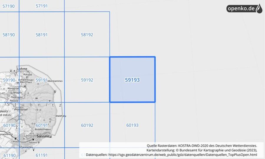 Übersichtskarte des KOSTRA-DWD-2020-Rasterfeldes Nr. 59193