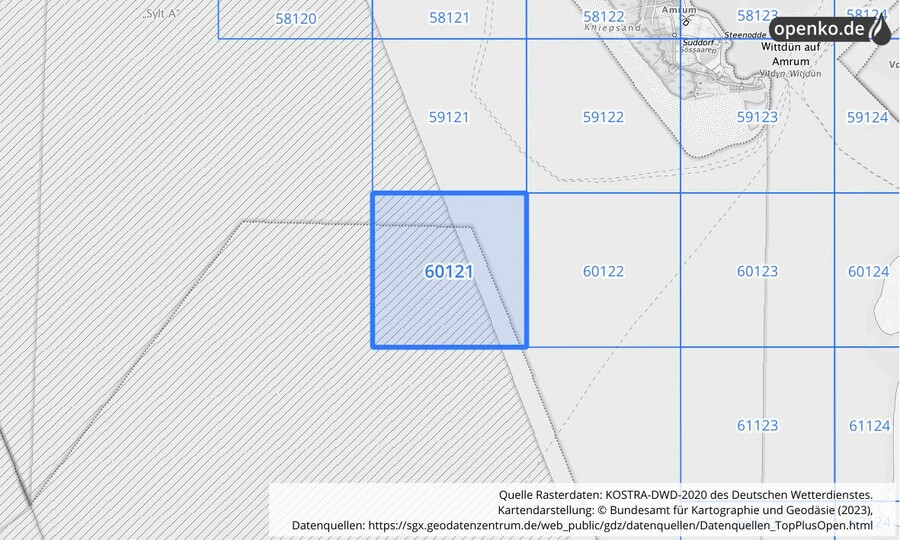 Übersichtskarte des KOSTRA-DWD-2020-Rasterfeldes Nr. 60121