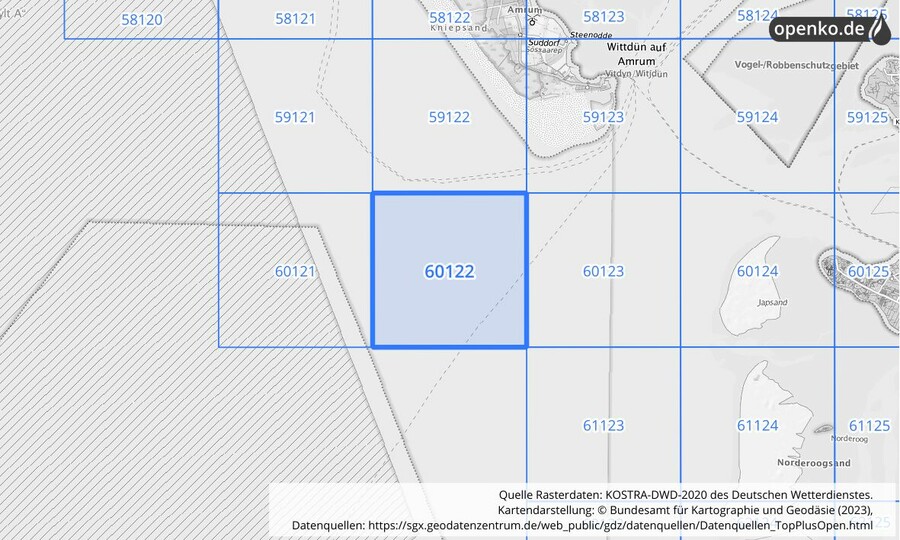 Übersichtskarte des KOSTRA-DWD-2020-Rasterfeldes Nr. 60122