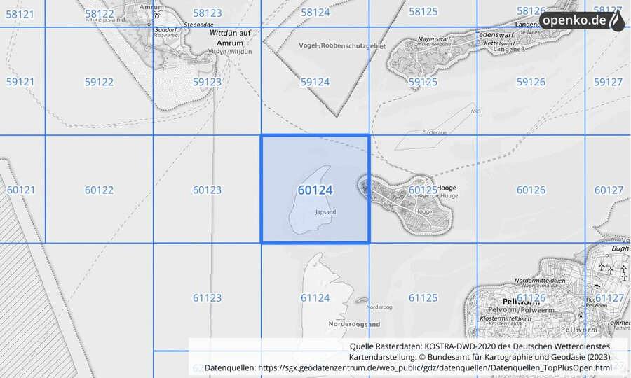 Übersichtskarte des KOSTRA-DWD-2020-Rasterfeldes Nr. 60124