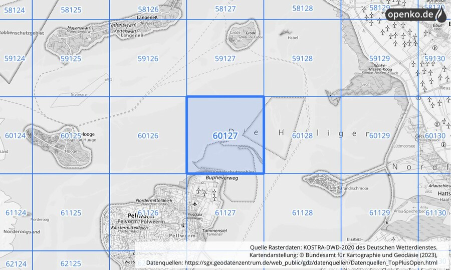 Übersichtskarte des KOSTRA-DWD-2020-Rasterfeldes Nr. 60127