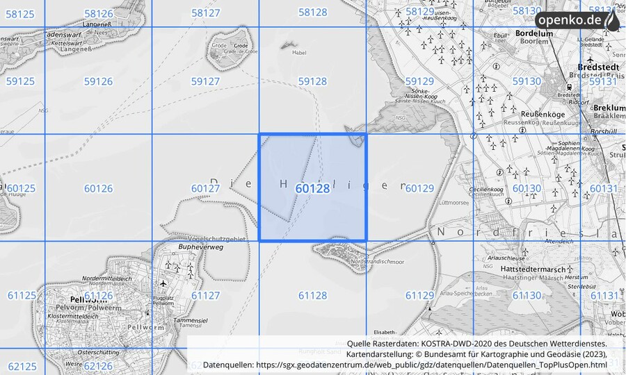 Übersichtskarte des KOSTRA-DWD-2020-Rasterfeldes Nr. 60128