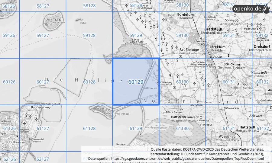 Übersichtskarte des KOSTRA-DWD-2020-Rasterfeldes Nr. 60129