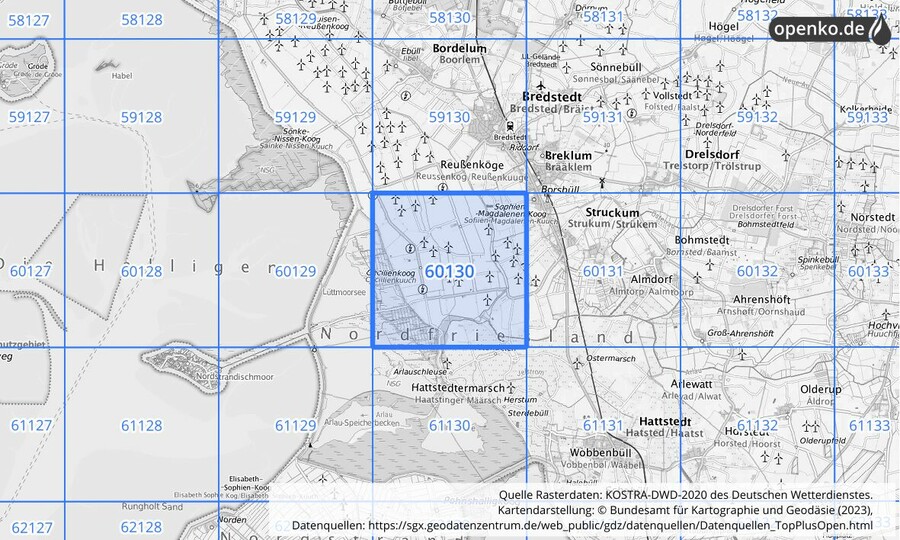 Übersichtskarte des KOSTRA-DWD-2020-Rasterfeldes Nr. 60130