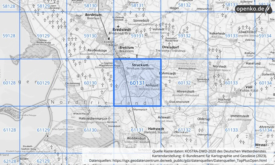 Übersichtskarte des KOSTRA-DWD-2020-Rasterfeldes Nr. 60131