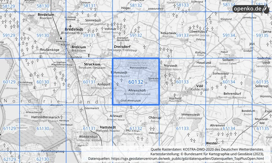 Übersichtskarte des KOSTRA-DWD-2020-Rasterfeldes Nr. 60132