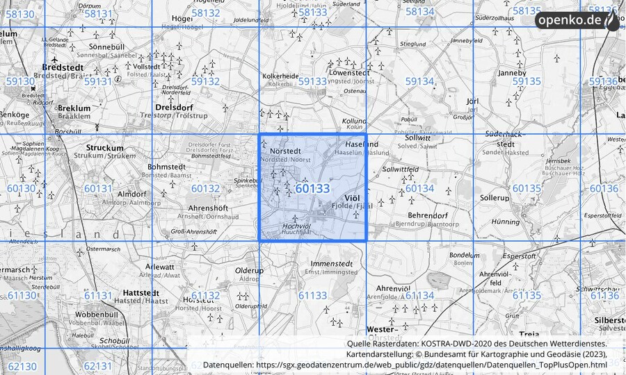 Übersichtskarte des KOSTRA-DWD-2020-Rasterfeldes Nr. 60133