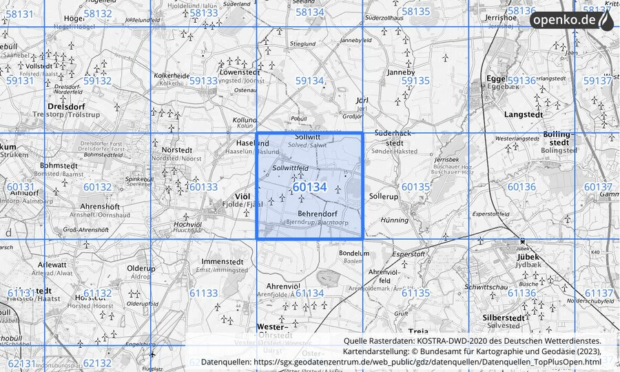 Übersichtskarte des KOSTRA-DWD-2020-Rasterfeldes Nr. 60134