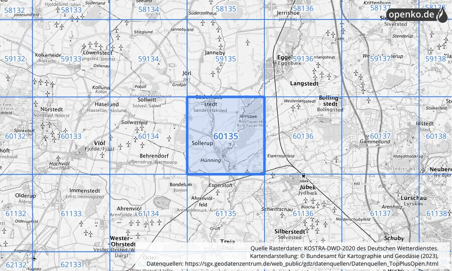 Übersichtskarte des KOSTRA-DWD-2020-Rasterfeldes Nr. 60135