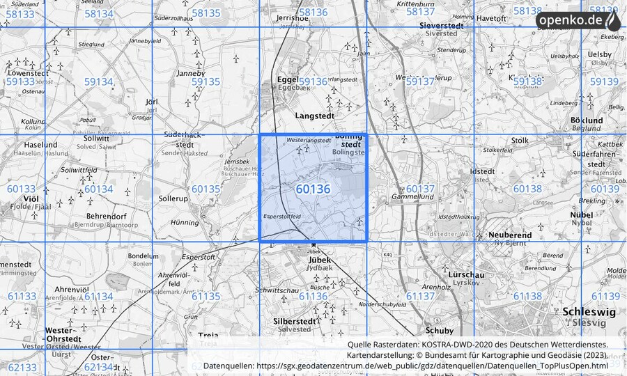 Übersichtskarte des KOSTRA-DWD-2020-Rasterfeldes Nr. 60136