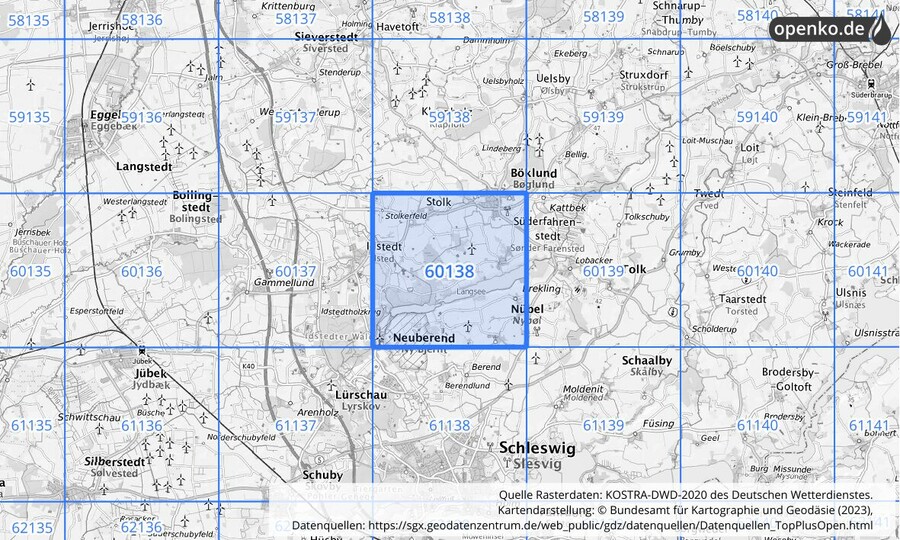Übersichtskarte des KOSTRA-DWD-2020-Rasterfeldes Nr. 60138