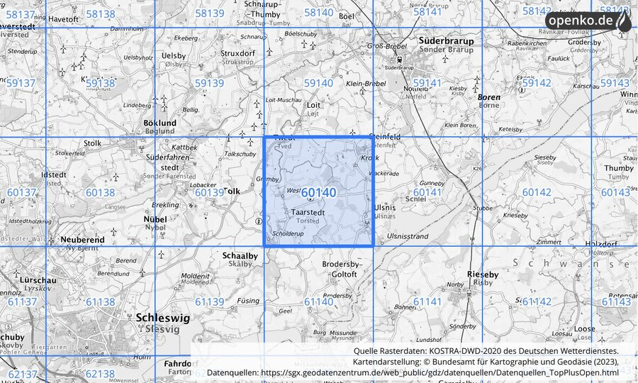 Übersichtskarte des KOSTRA-DWD-2020-Rasterfeldes Nr. 60140