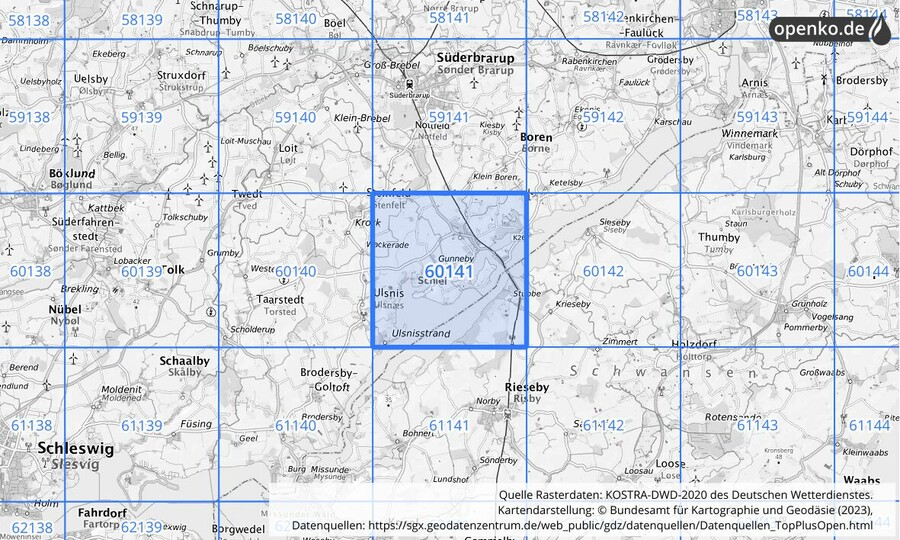 Übersichtskarte des KOSTRA-DWD-2020-Rasterfeldes Nr. 60141