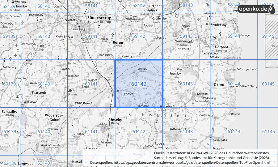 Übersichtskarte des KOSTRA-DWD-2020-Rasterfeldes Nr. 60142