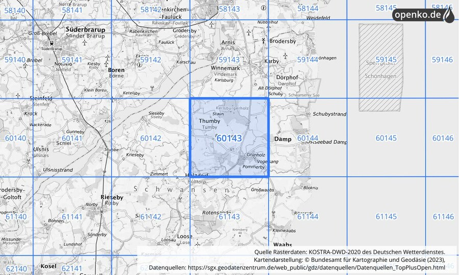 Übersichtskarte des KOSTRA-DWD-2020-Rasterfeldes Nr. 60143