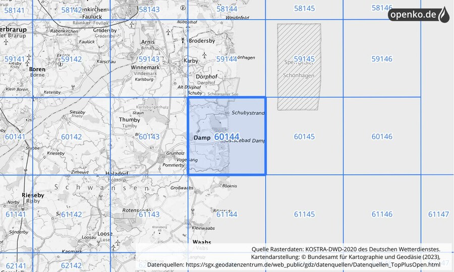 Übersichtskarte des KOSTRA-DWD-2020-Rasterfeldes Nr. 60144
