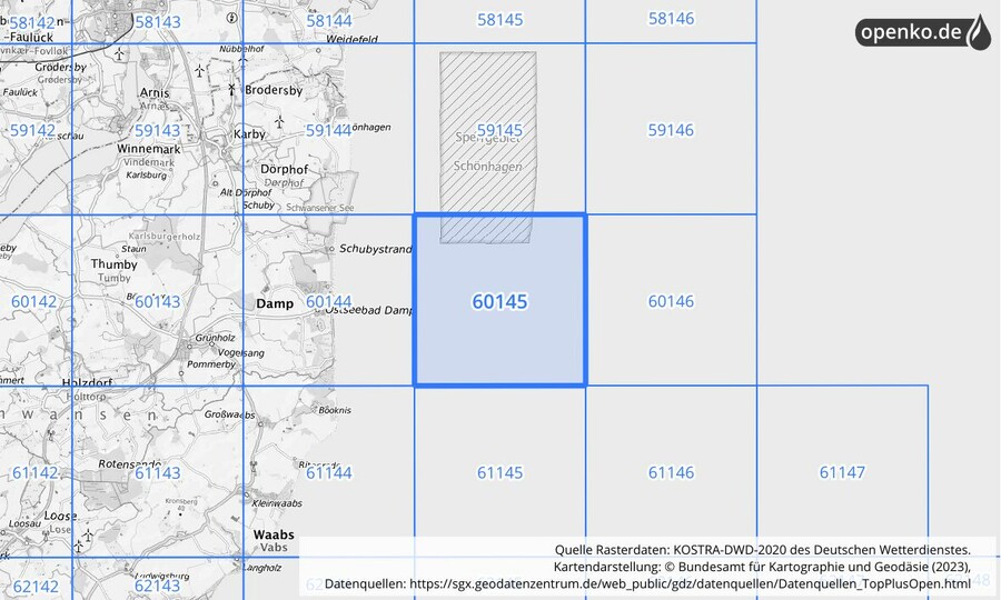 Übersichtskarte des KOSTRA-DWD-2020-Rasterfeldes Nr. 60145