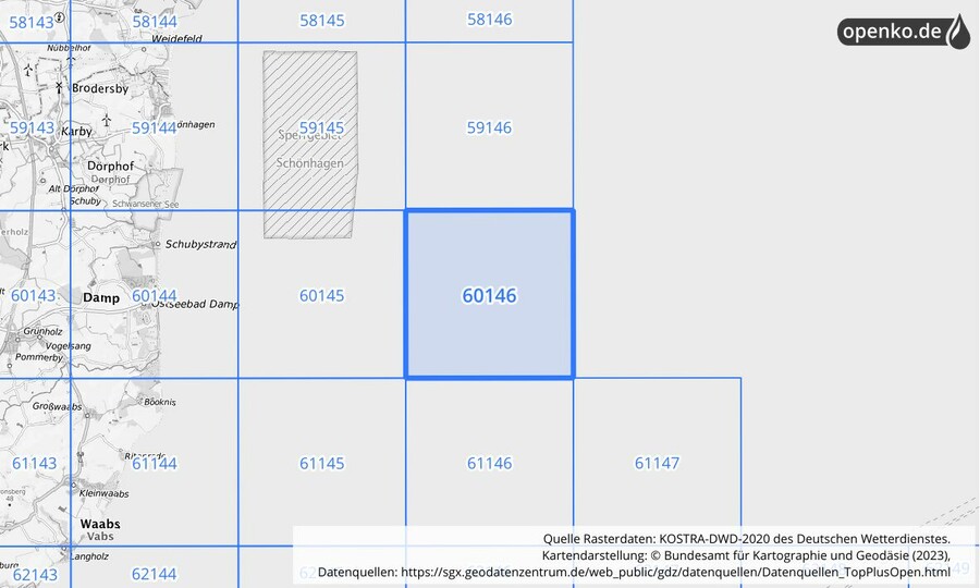 Übersichtskarte des KOSTRA-DWD-2020-Rasterfeldes Nr. 60146