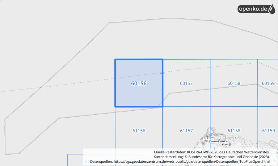 Übersichtskarte des KOSTRA-DWD-2020-Rasterfeldes Nr. 60156