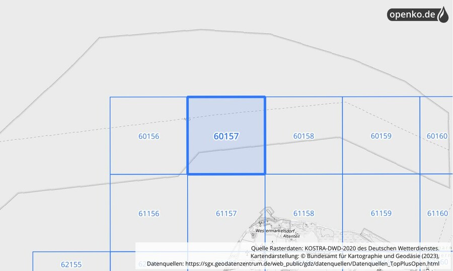 Übersichtskarte des KOSTRA-DWD-2020-Rasterfeldes Nr. 60157