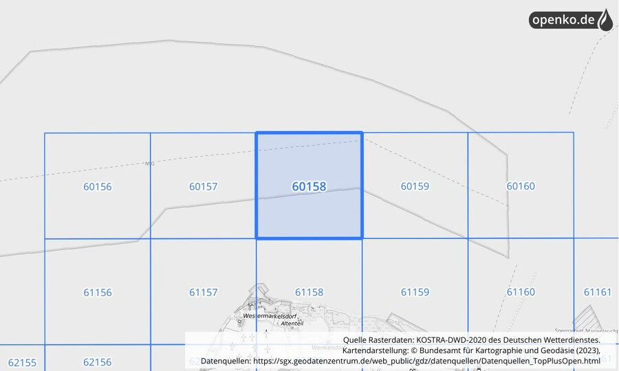 Übersichtskarte des KOSTRA-DWD-2020-Rasterfeldes Nr. 60158