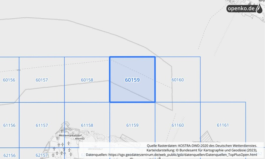 Übersichtskarte des KOSTRA-DWD-2020-Rasterfeldes Nr. 60159