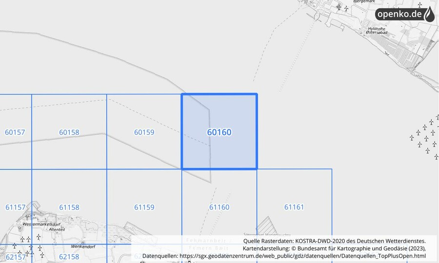 Übersichtskarte des KOSTRA-DWD-2020-Rasterfeldes Nr. 60160