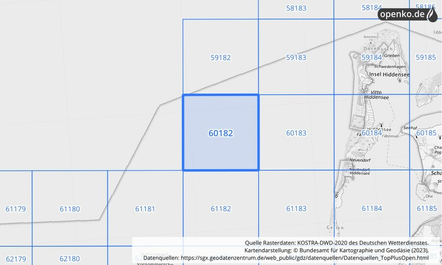 Übersichtskarte des KOSTRA-DWD-2020-Rasterfeldes Nr. 60182