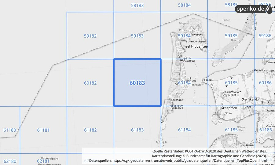 Übersichtskarte des KOSTRA-DWD-2020-Rasterfeldes Nr. 60183