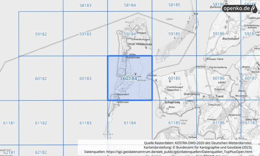 Übersichtskarte des KOSTRA-DWD-2020-Rasterfeldes Nr. 60184