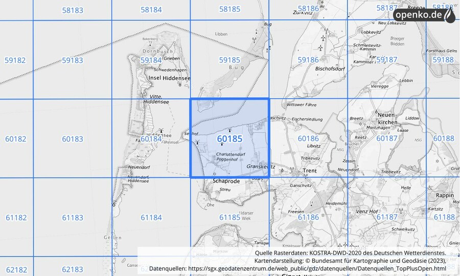 Übersichtskarte des KOSTRA-DWD-2020-Rasterfeldes Nr. 60185