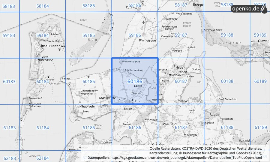 Übersichtskarte des KOSTRA-DWD-2020-Rasterfeldes Nr. 60186