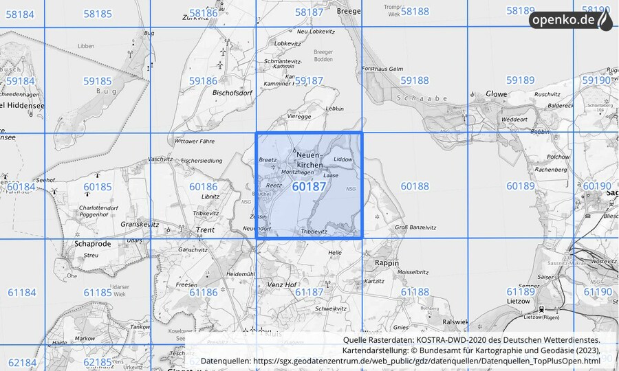 Übersichtskarte des KOSTRA-DWD-2020-Rasterfeldes Nr. 60187