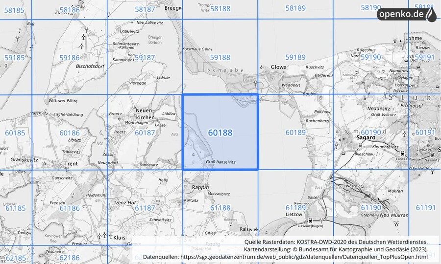 Übersichtskarte des KOSTRA-DWD-2020-Rasterfeldes Nr. 60188