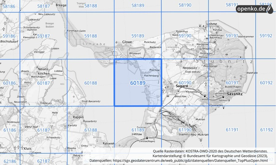 Übersichtskarte des KOSTRA-DWD-2020-Rasterfeldes Nr. 60189