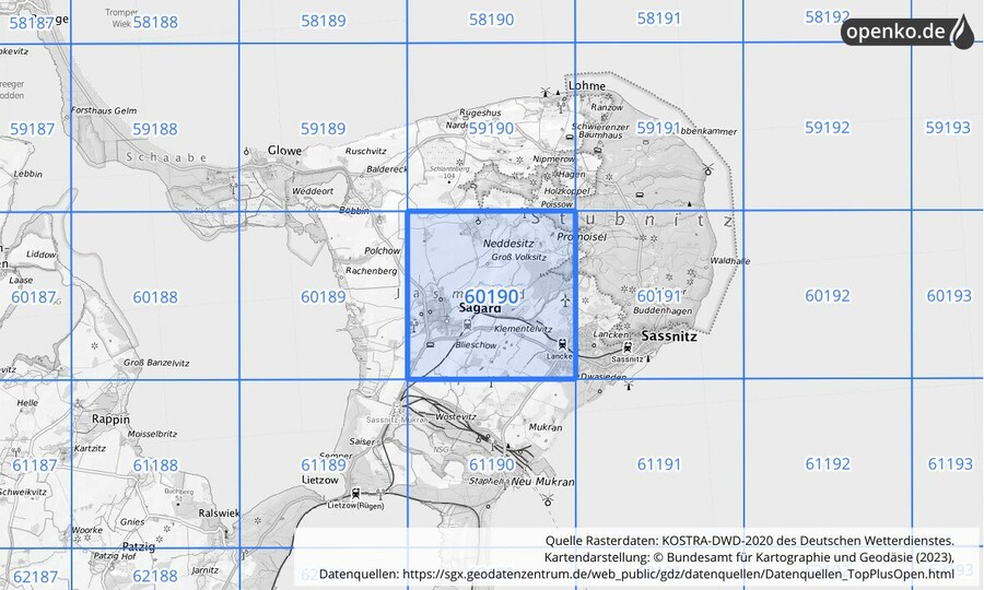 Übersichtskarte des KOSTRA-DWD-2020-Rasterfeldes Nr. 60190