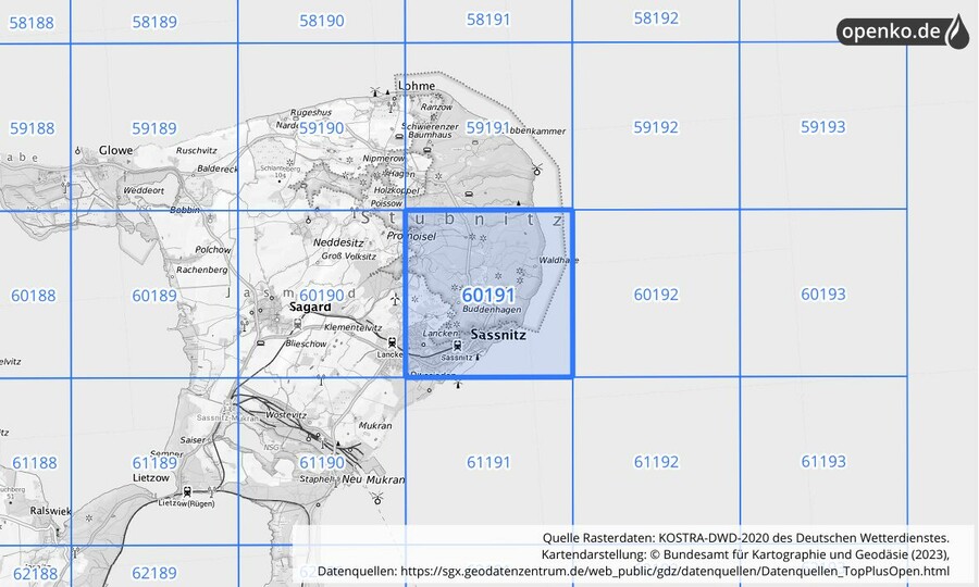 Übersichtskarte des KOSTRA-DWD-2020-Rasterfeldes Nr. 60191