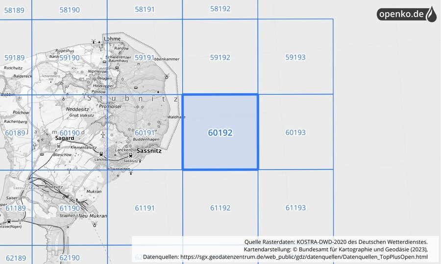 Übersichtskarte des KOSTRA-DWD-2020-Rasterfeldes Nr. 60192