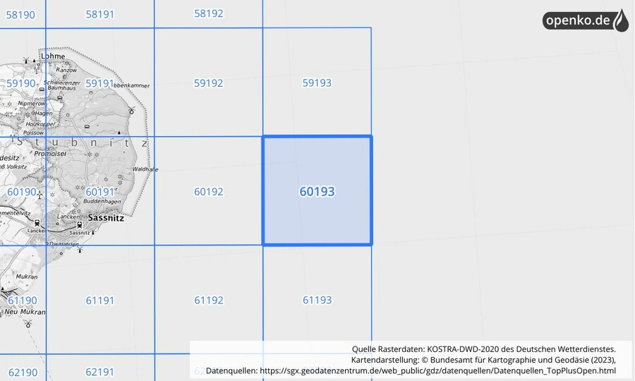 Übersichtskarte des KOSTRA-DWD-2020-Rasterfeldes Nr. 60193