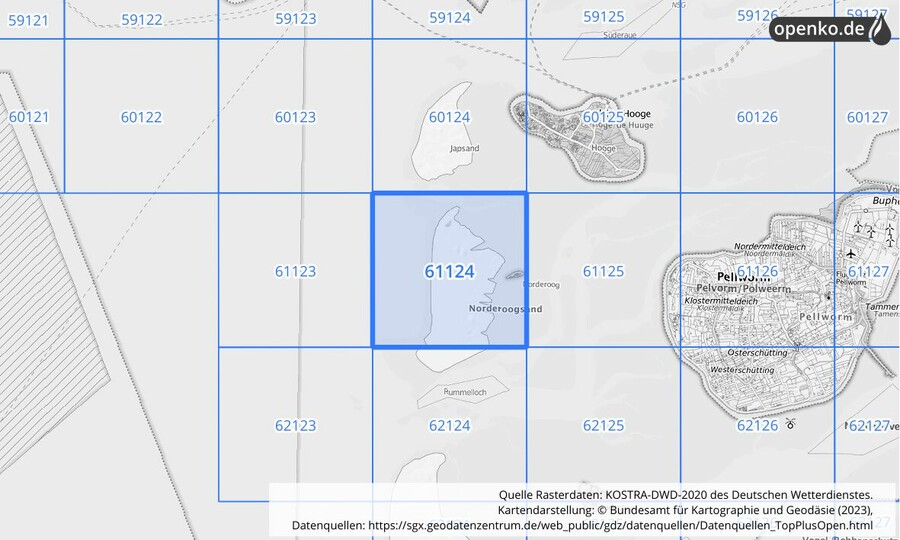 Übersichtskarte des KOSTRA-DWD-2020-Rasterfeldes Nr. 61124