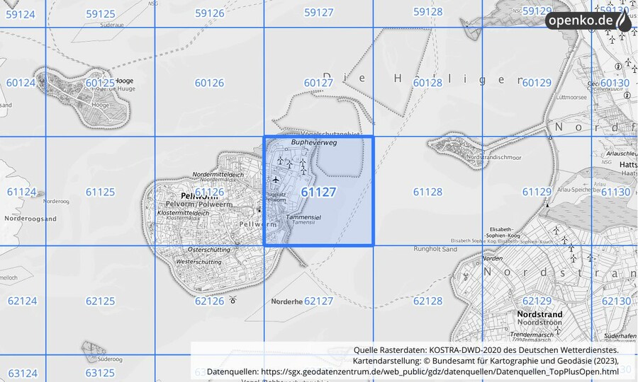 Übersichtskarte des KOSTRA-DWD-2020-Rasterfeldes Nr. 61127