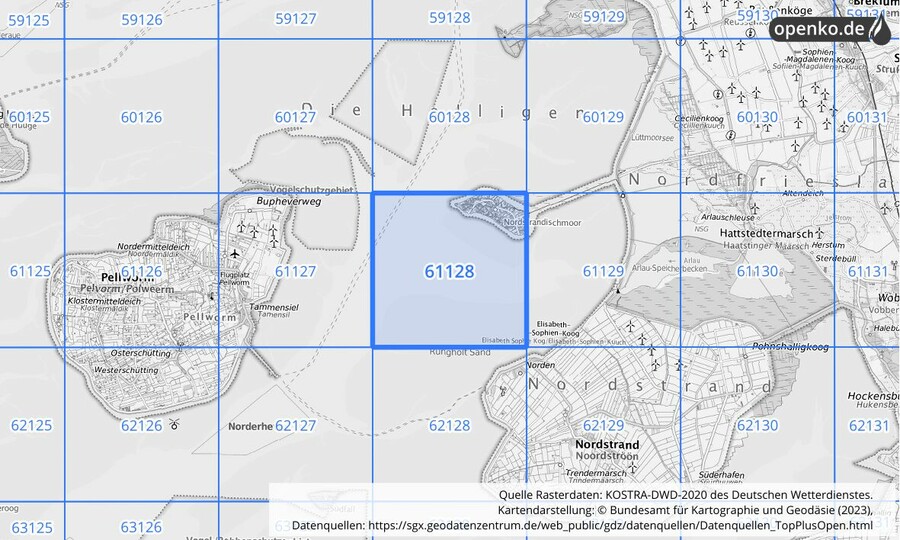 Übersichtskarte des KOSTRA-DWD-2020-Rasterfeldes Nr. 61128