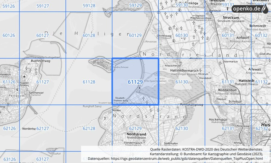 Übersichtskarte des KOSTRA-DWD-2020-Rasterfeldes Nr. 61129