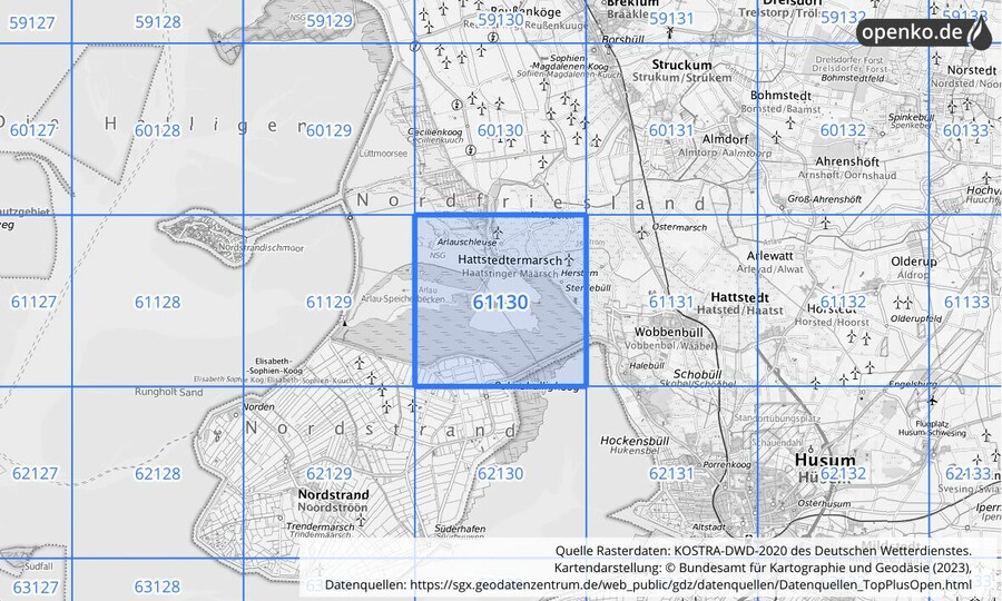 Übersichtskarte des KOSTRA-DWD-2020-Rasterfeldes Nr. 61130