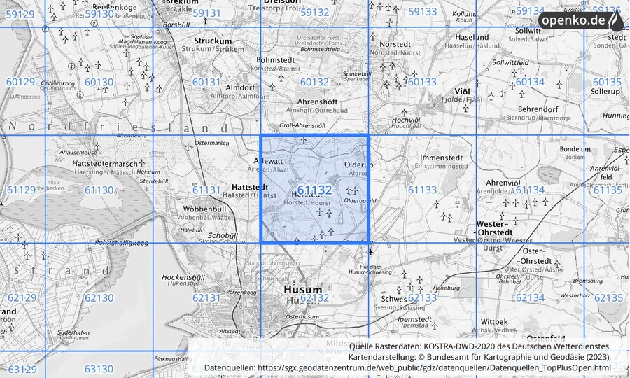 Übersichtskarte des KOSTRA-DWD-2020-Rasterfeldes Nr. 61132